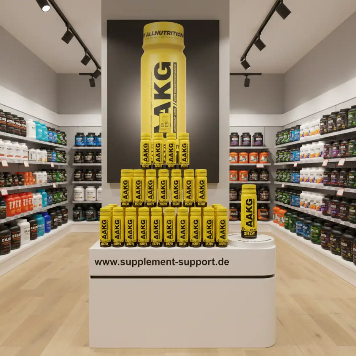 AAKG Shots in gelber Verpackung im Supplement-Store, ideal für Sportler und Fitness-Enthusiasten