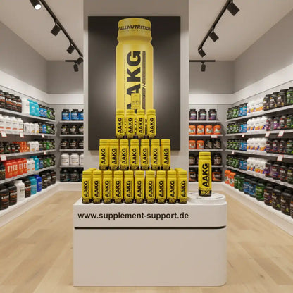 AAKG Shots in gelber Verpackung im Supplement-Store, ideal für Sportler und Fitness-Enthusiasten