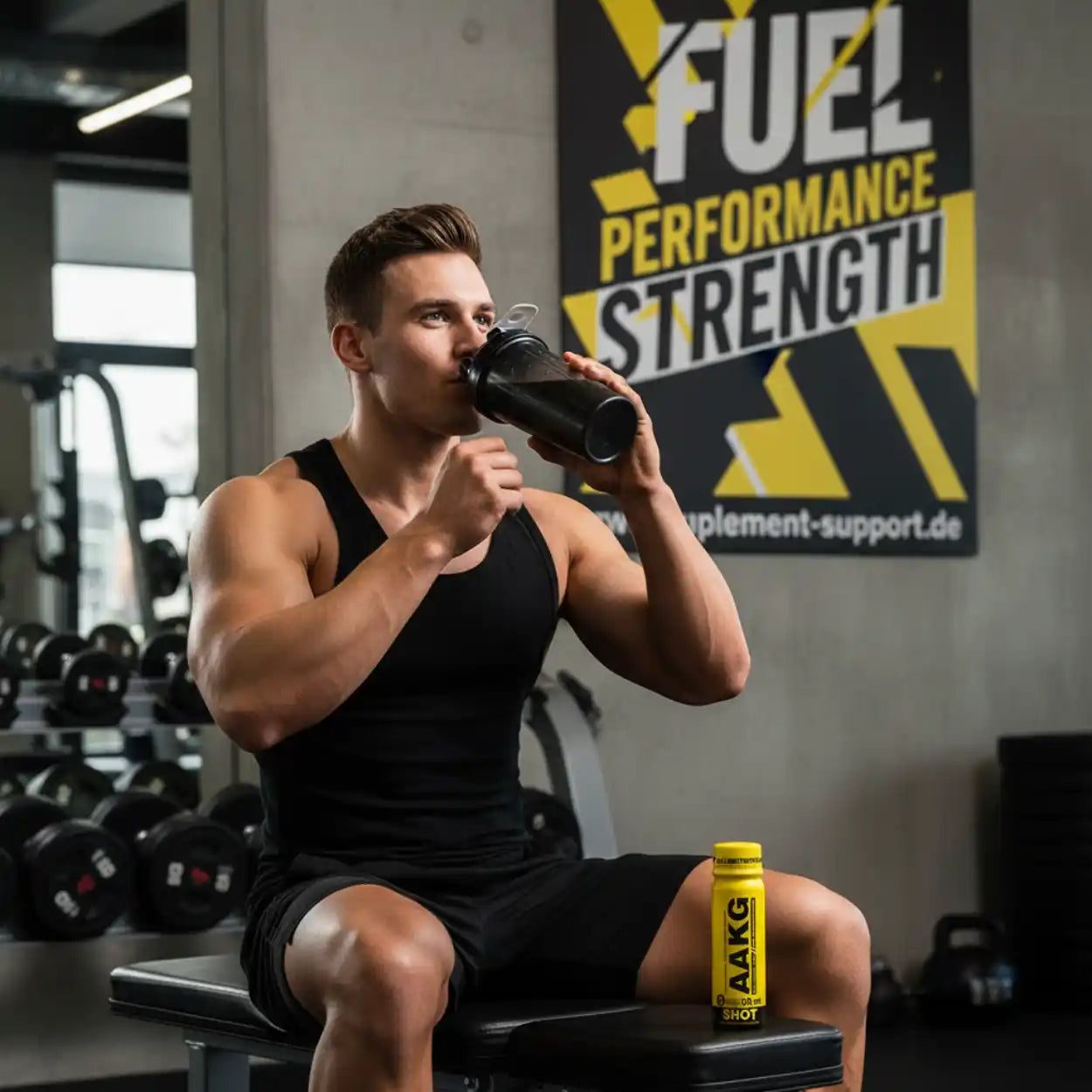 Muskulöser Mann trinkt Protein-Shake im Fitnessstudio, AAKG Shot neben ihm, Fuel Performance Strength Schild im Hintergrund