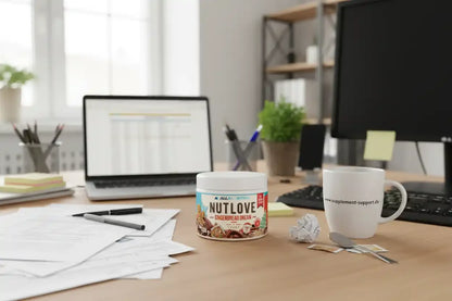 Nutlove Gingerbread Dream Protein auf Schreibtisch mit Laptop und Tasse