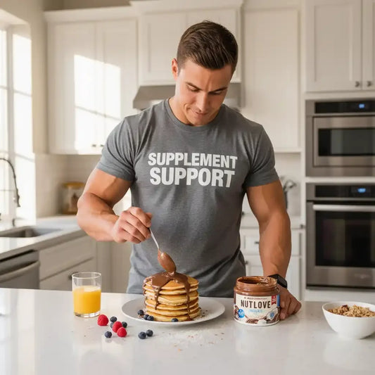 Muskulöser Mann mit Supplement Support Shirt gießt Nuss-Nougat-Creme auf Pancakes, daneben Beeren und Saft
