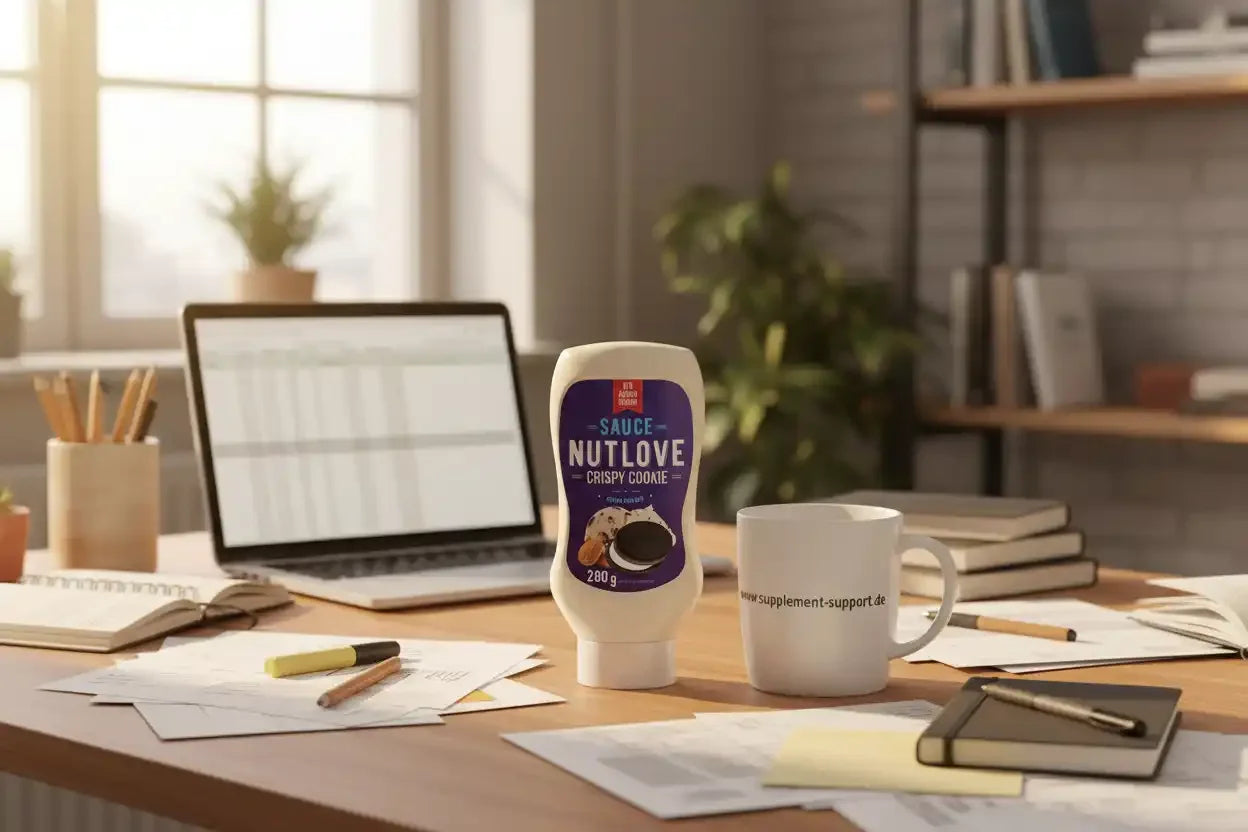 Nutlove Crispy Cookie Sauce auf Schreibtisch mit Laptop und Tasse, ideal für Sportnahrung & Protein