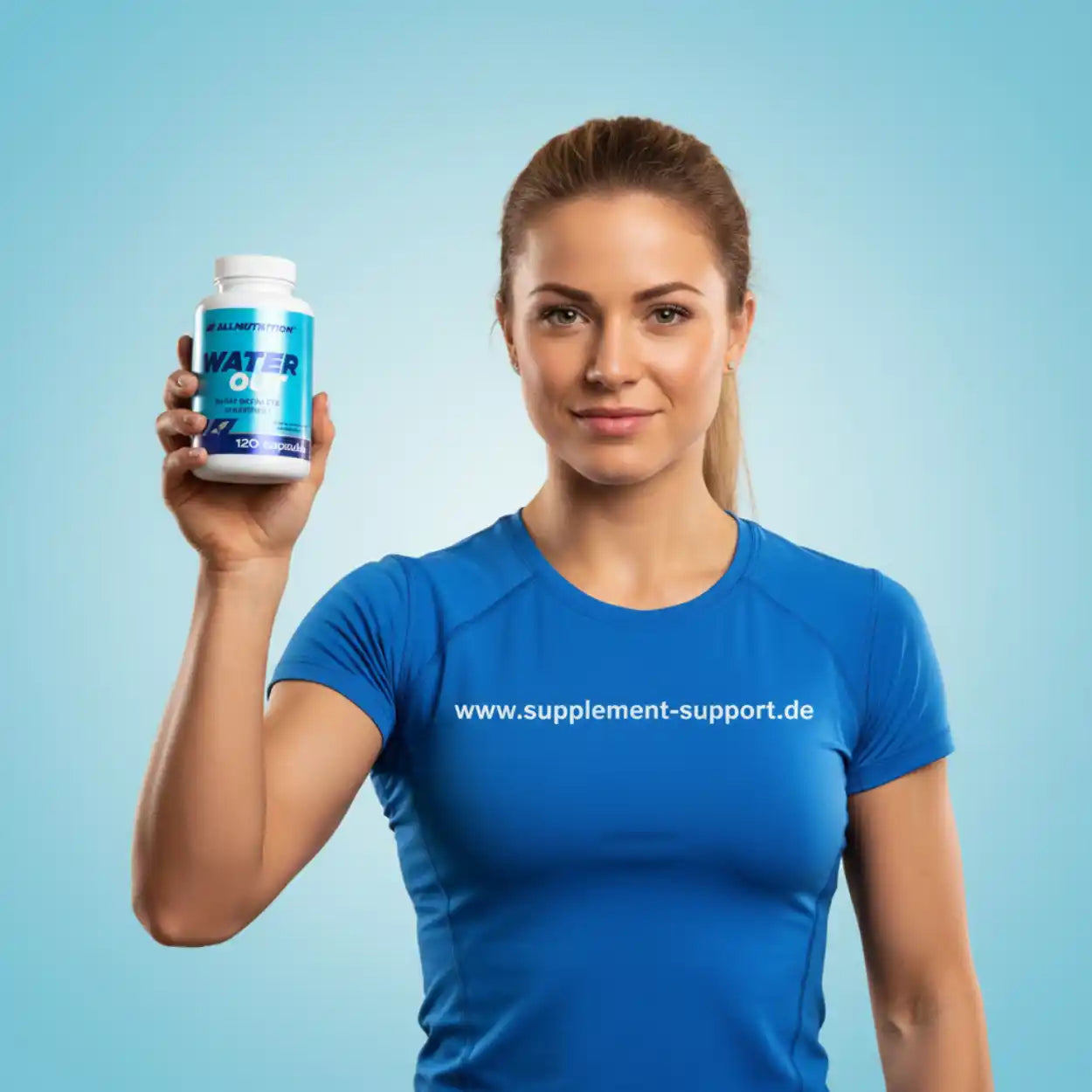 Frau hält AllNutrition Water Out Kapseln, Nahrungsergänzung für Sport und Fitness