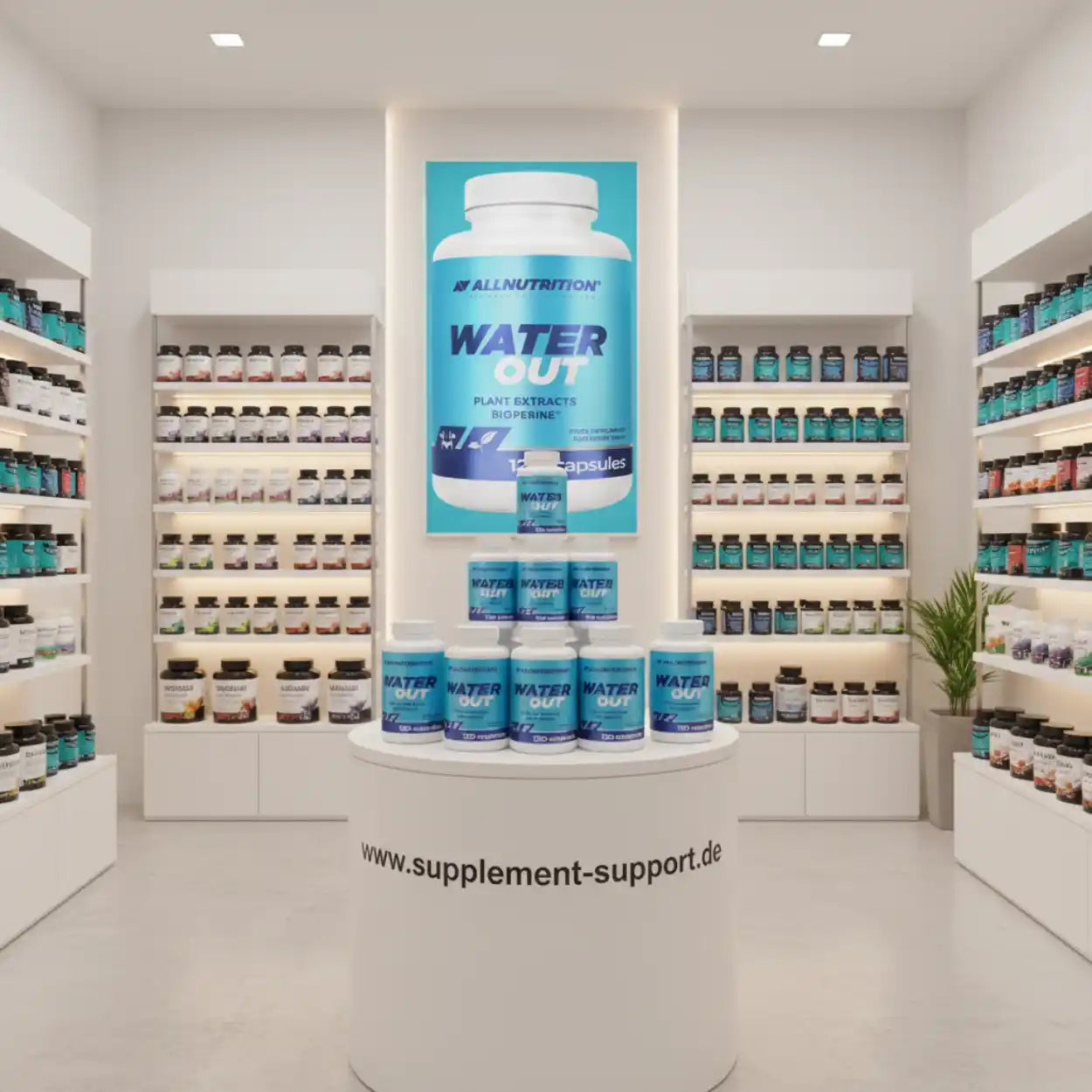 WATER OUT Nahrungsergänzungsmittel im Supplement-Store mit Regalen voller Produkte