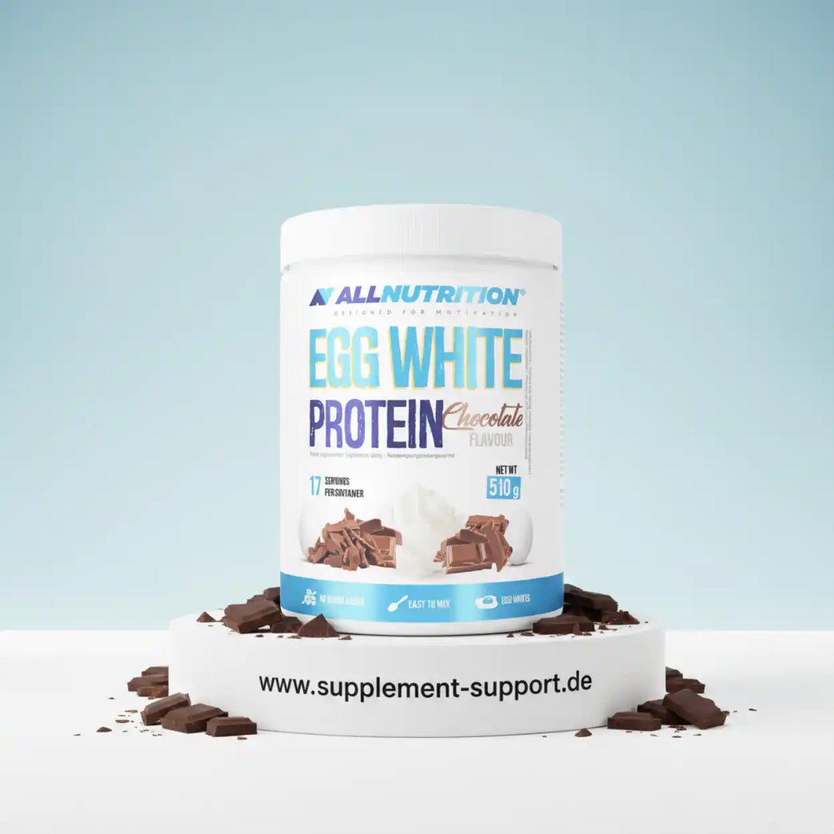 ALLNUTRITION Egg White Protein in Schokolade, 510g Dose mit Schokoladenstücken