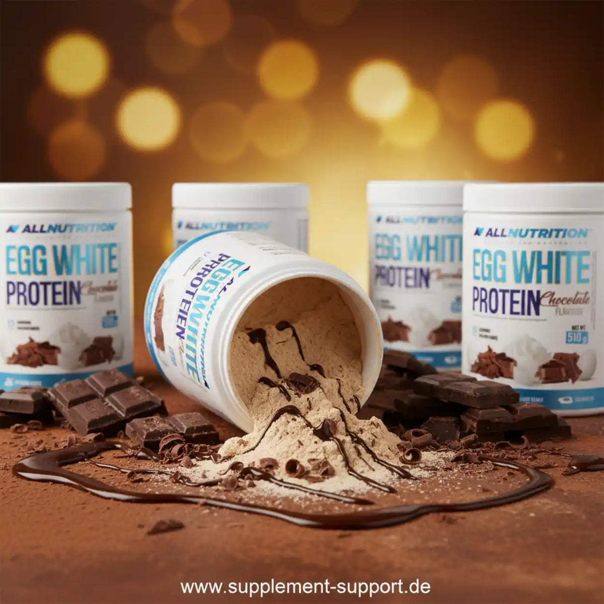 AllNutrition Egg White Protein in Schokolade mit Schokoladenstücken und geschmolzener Schokolade