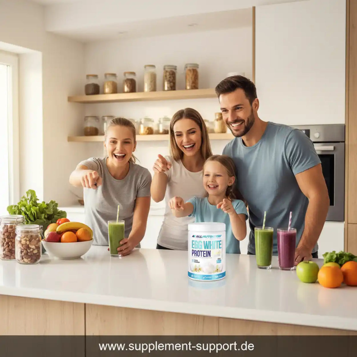 Glückliche Familie in der Küche mit Egg White Protein Pulver und gesunden Smoothies.