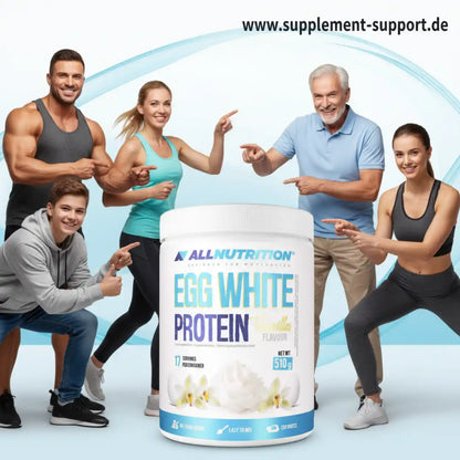 Vier Personen zeigen auf eine Dose AllNutrition Egg White Protein in Vanille-Geschmack.