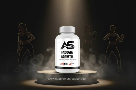 Fadogia Agrestis 1200 mg 60 Kapseln auf Podest, Fitness Silhouetten im Hintergrund, Nahrungsergänzungsmittel