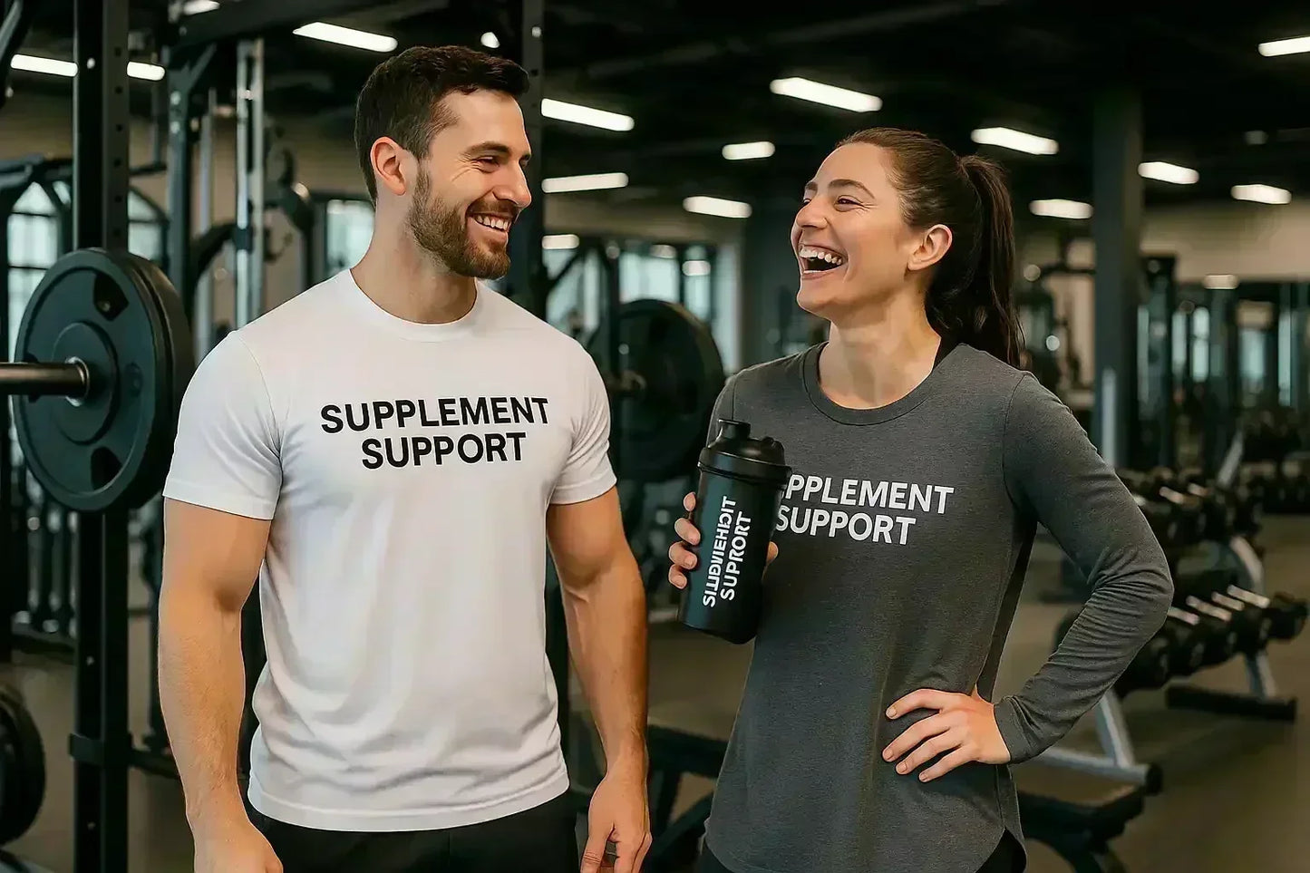 Zwei lachende Personen im Fitnessstudio tragen SUPPLEMENT SUPPORT Shirts, Hantelbank im Hintergrund.