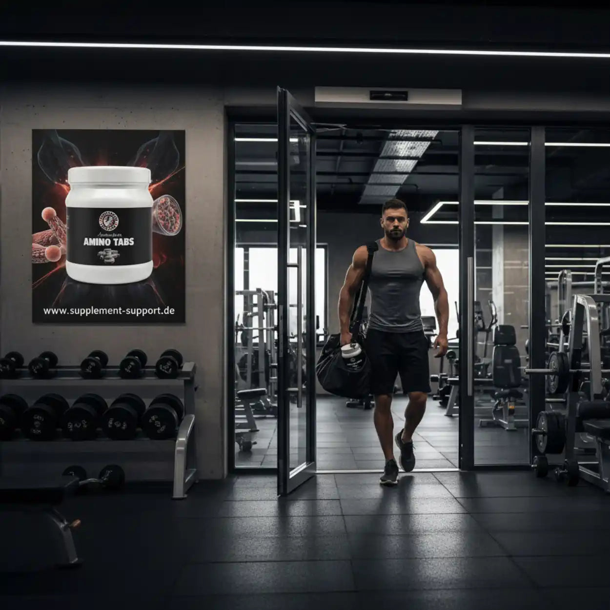 Muskulöser Mann mit Sporttasche im Fitnessstudio, Amino Tabs Werbung an der Wand