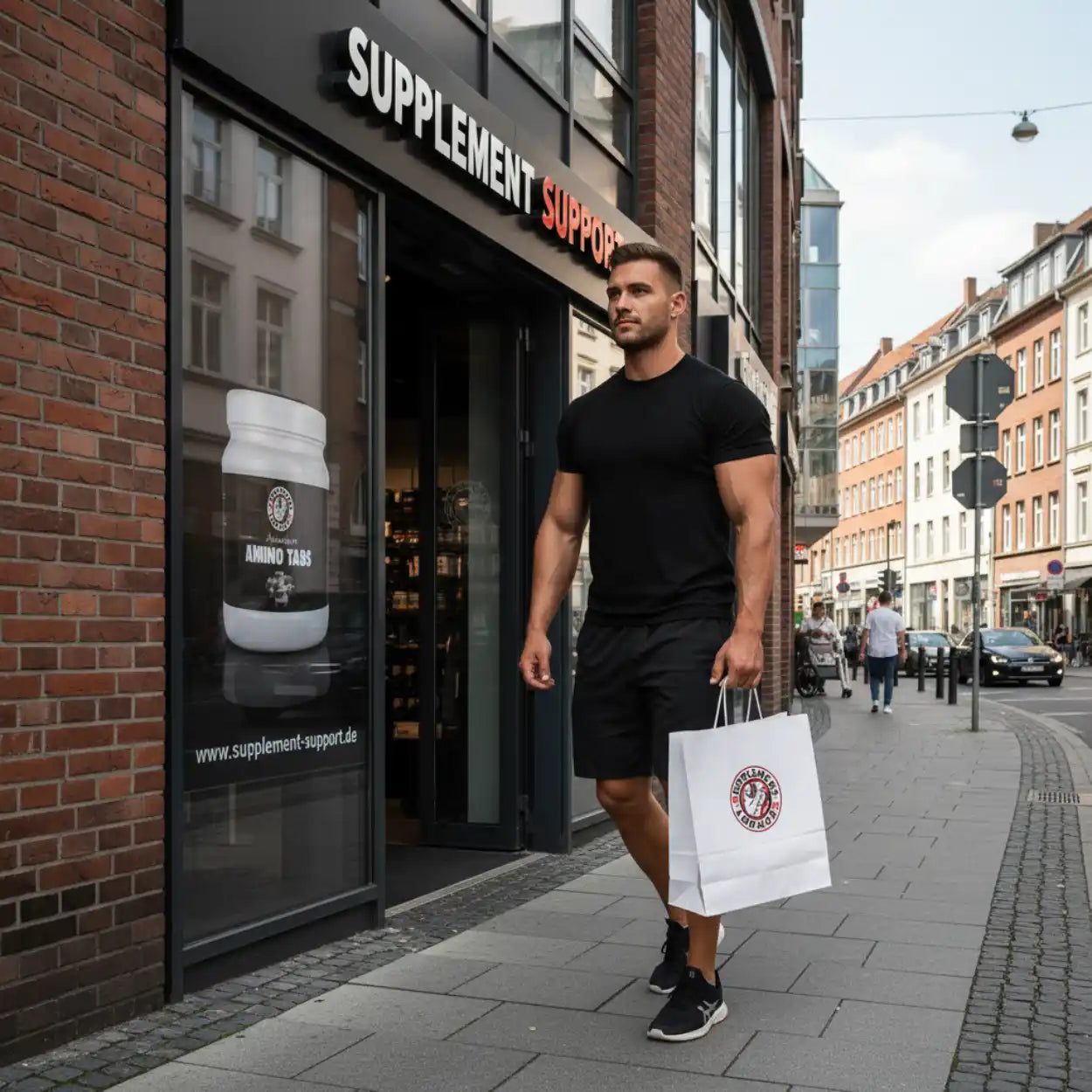 Muskulöser Mann mit Einkaufstüte vor Supplement Support Shop, Amino Tabs im Fenster