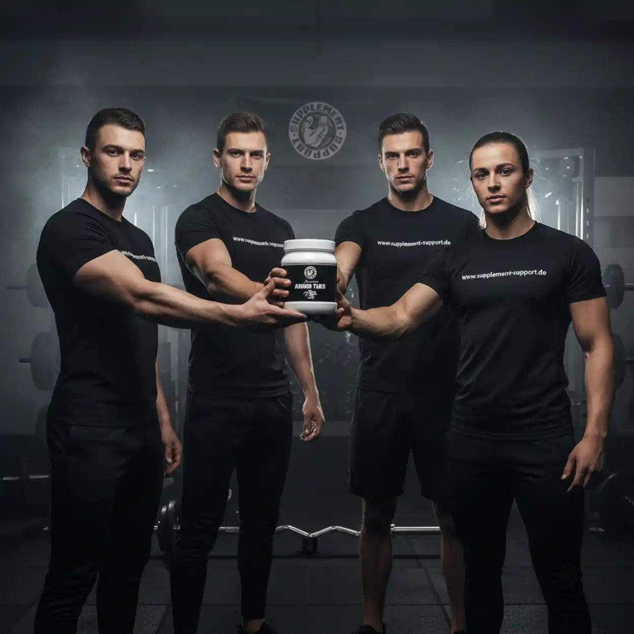 Muskulöse Athleten präsentieren Aminosäuren-Booster im Fitnessstudio – Protein & Sportnahrung