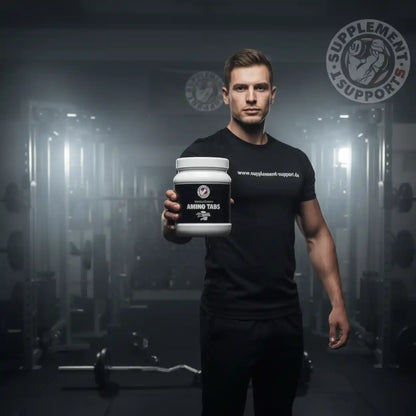 Muskulöser Mann hält Amino Tabs in Fitnessstudio – Protein & Sportnahrung für Training