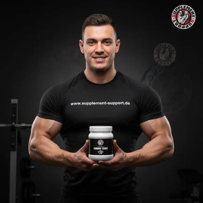 Muskulöser Mann mit Amino Tabs Nahrungsergänzungsmittel, Protein, Booster, Vitamine für Sportler