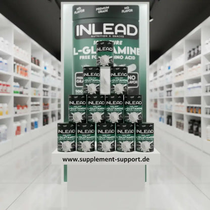 INLEAD L-Glutamin Pulver in moderner Apotheke, hochwertige Nahrungsergänzung für Sportler