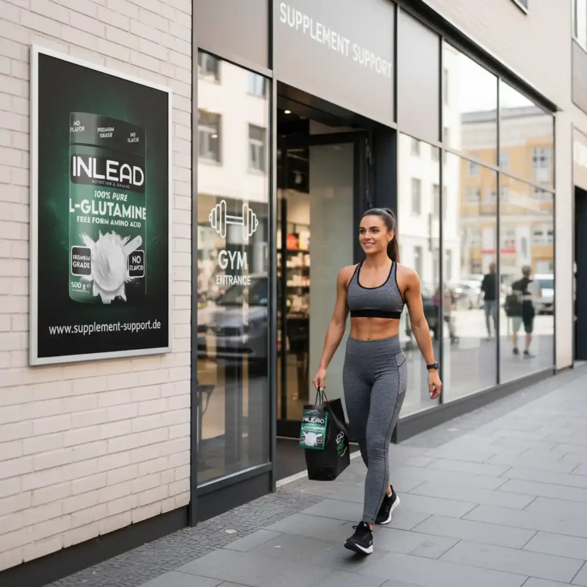 Frau mit Sporttasche vor Supplement Support Shop, L-Glutamin Werbung