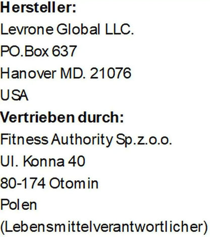 Hersteller- und Vertriebsinformationen für Nahrungsergänzungsmittel, Text auf weißem Hintergrund.