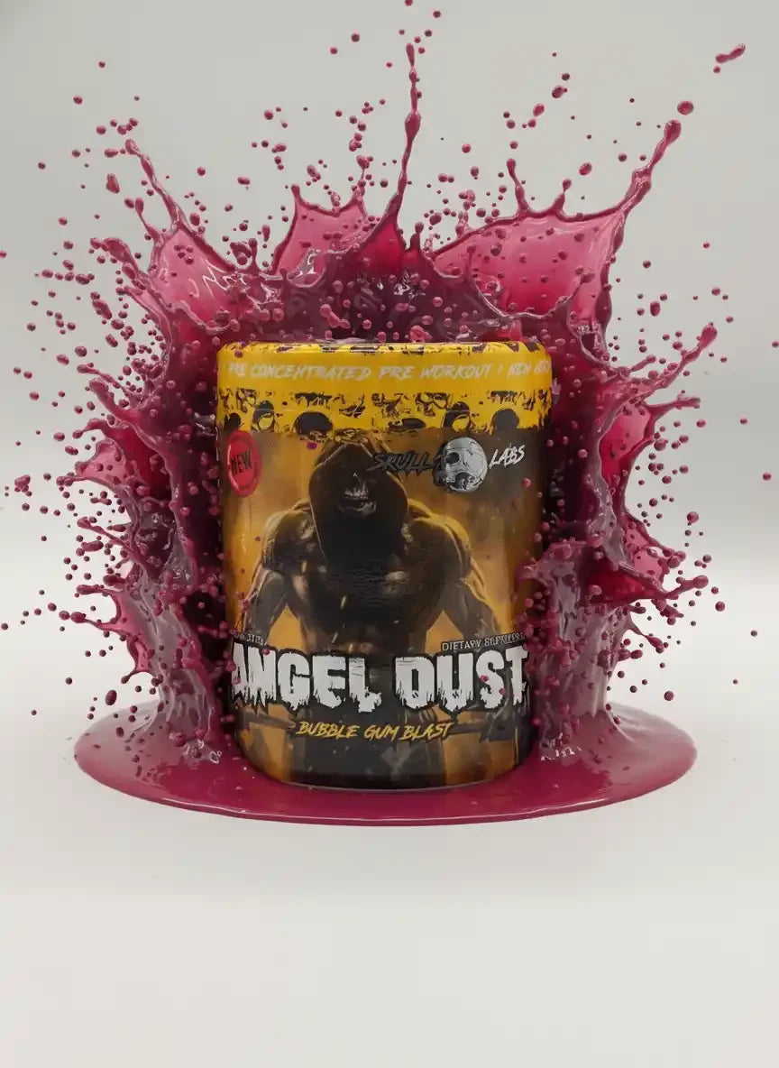 Angel Dust Pre-Workout Booster in Bubble Gum Blast Geschmack mit dynamischem Splash-Effekt