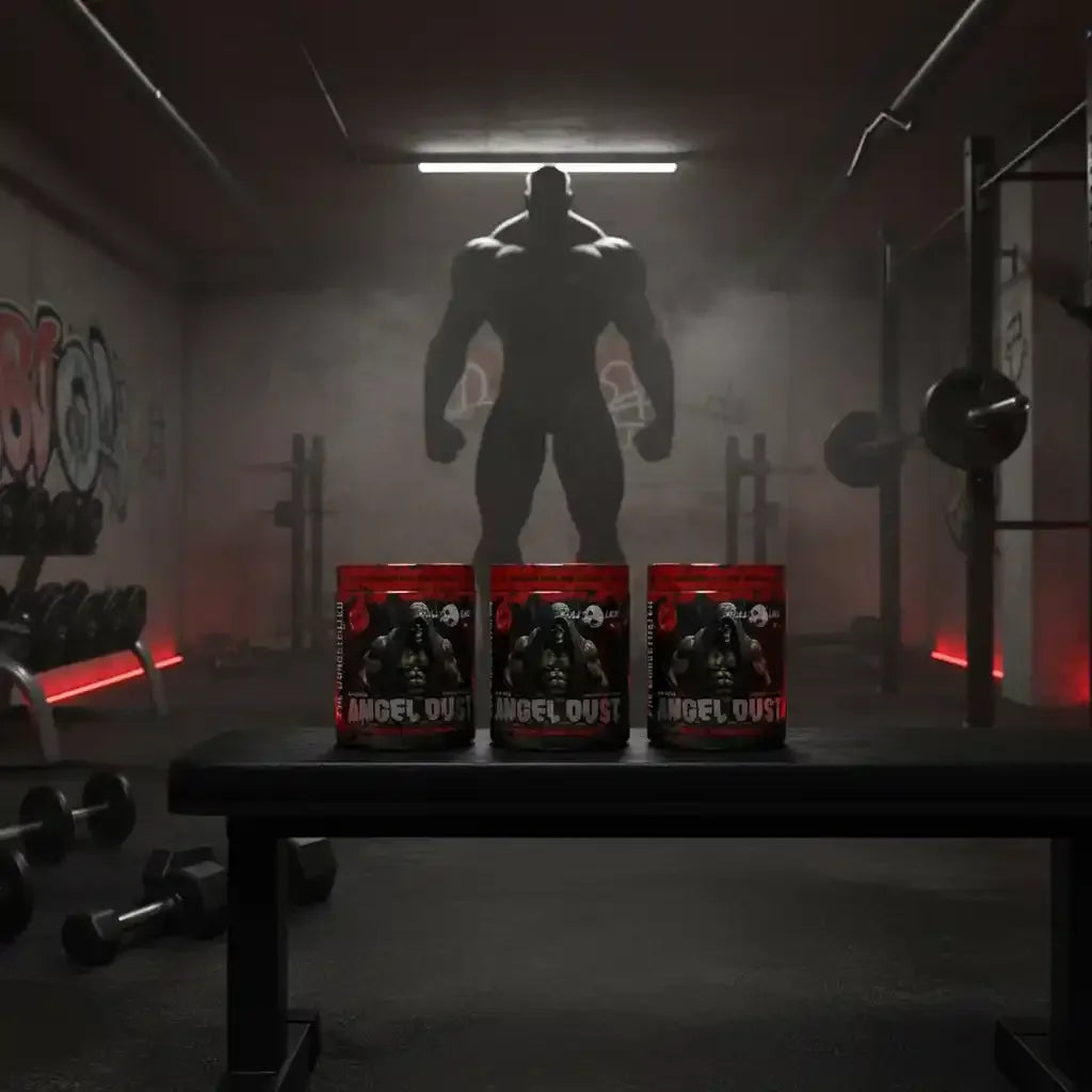 Drei Dosen Angel Dust Booster im Fitnessstudio mit muskulöser Silhouette im Hintergrund