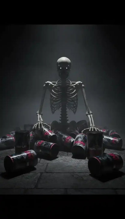 Skelett mit leeren Energy-Drink-Dosen, düsterer Hintergrund, Nahrungsergänzungsmittel