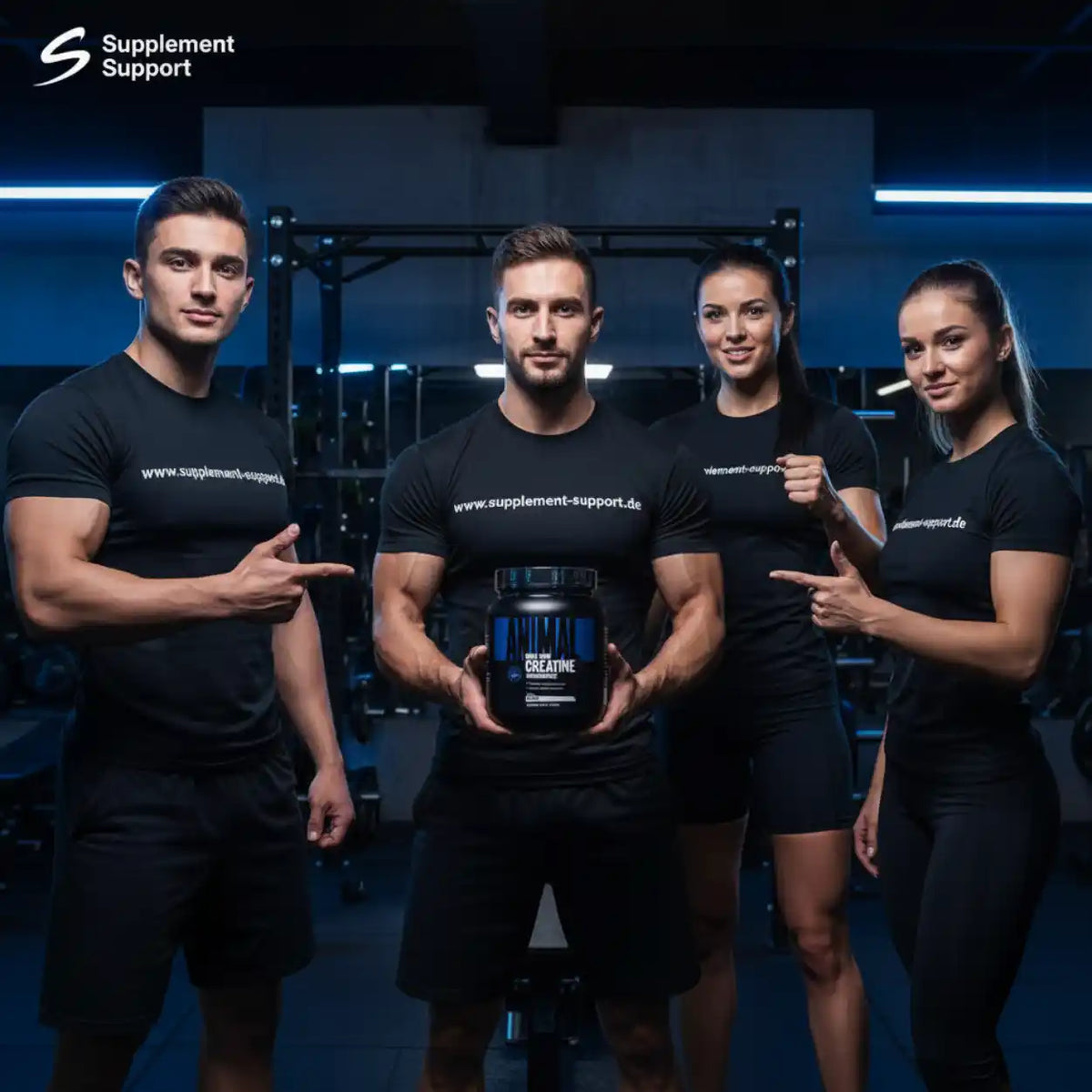 Drei Fitness-Athleten in einem Gym, wobei ein Mann eine Dose Animal Creatine hält.