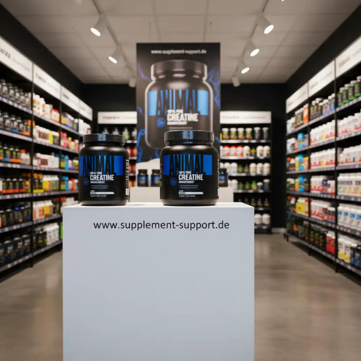 Zwei Dosen Animal Pure Creatine auf einem weißen Podest in einem Supplement-Shop