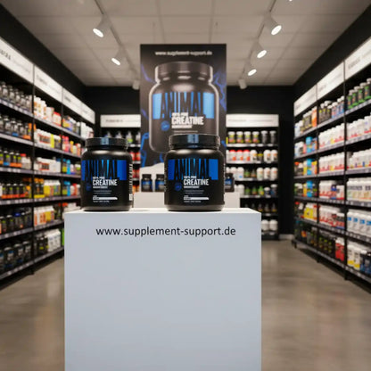 Zwei Dosen Animal Pure Creatine auf einem weißen Podest in einem Supplement-Shop
