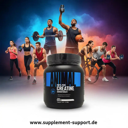 Animal 100% Pure Creatine Monohydrat Sportnahrung mit Athleten im Hintergrund