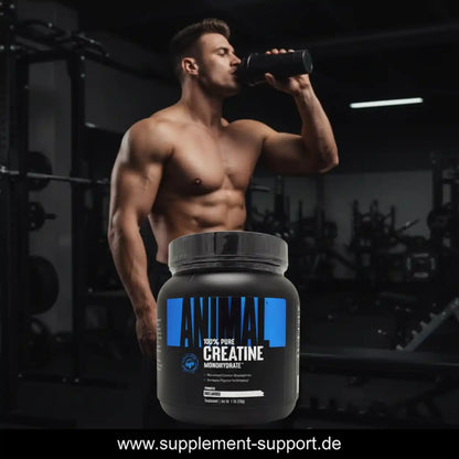Muskulöser Mann im Fitnessstudio mit einer Dose Animal Creatine Monohydrat.