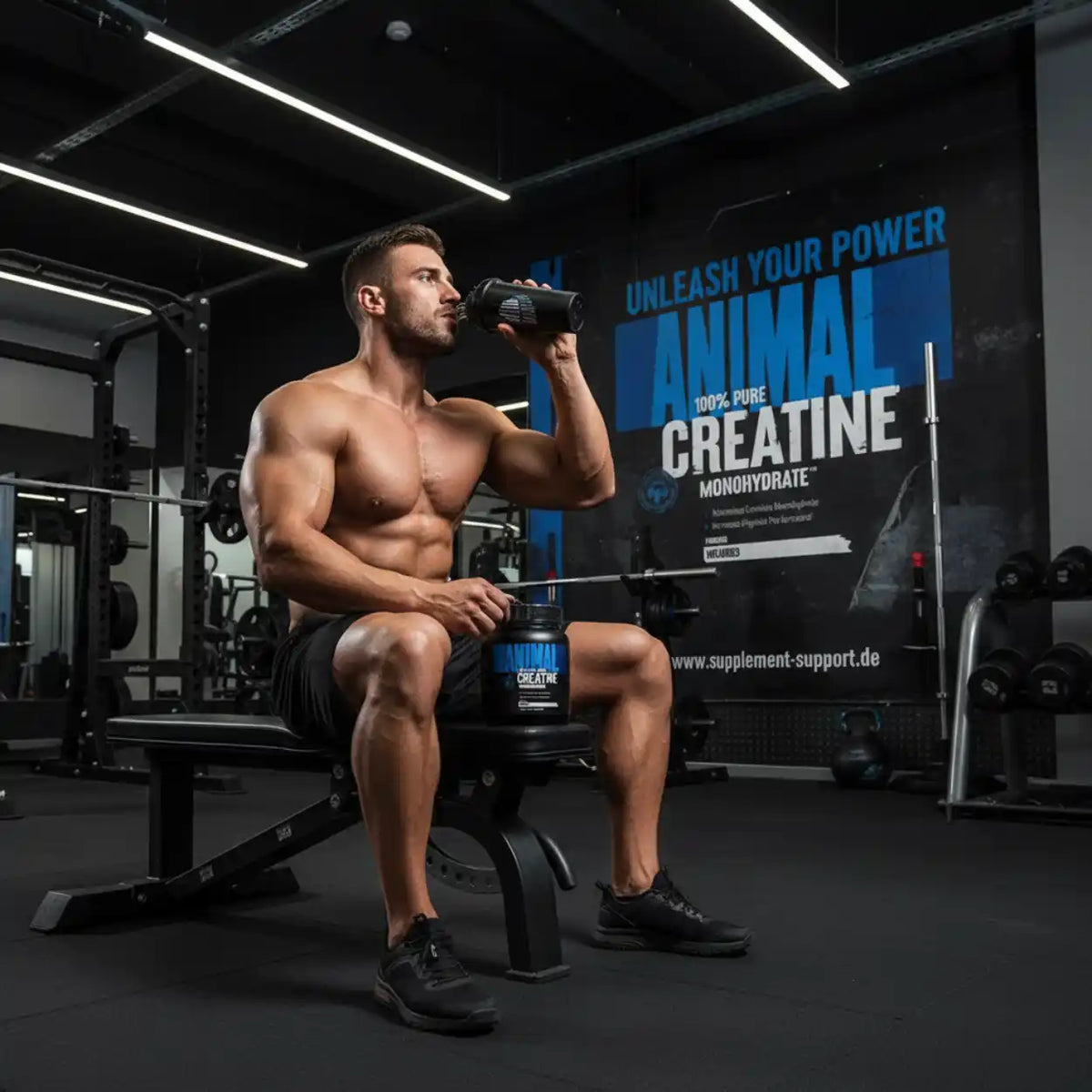 Muskulöser Mann trinkt aus einem Shaker vor einer Animal Creatine Wand im Fitnessstudio.