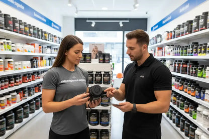 Mitarbeiter berät Kundin bei Nahrungsergänzungsmitteln im Supplement-Store