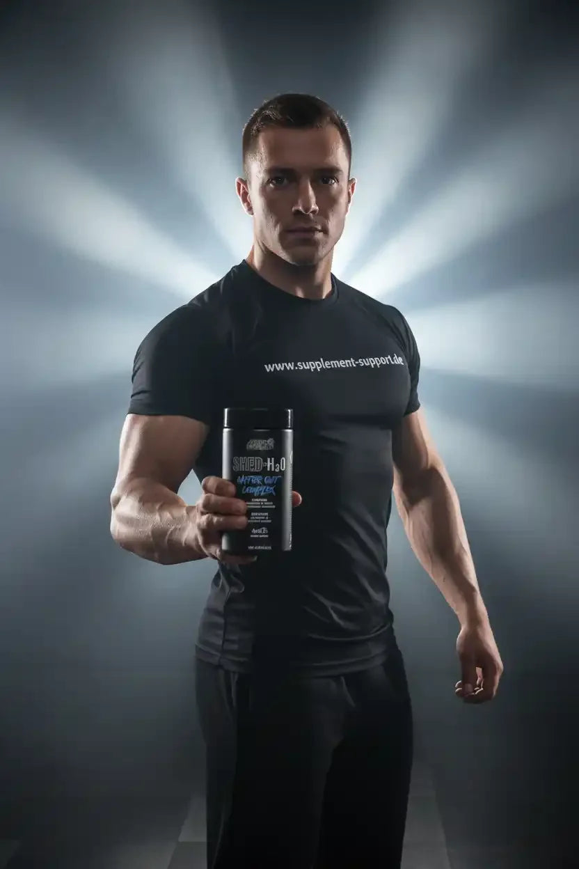 Muskulöser Mann mit SHED-H2O After Cut Komplex – Protein & Booster für Sportler