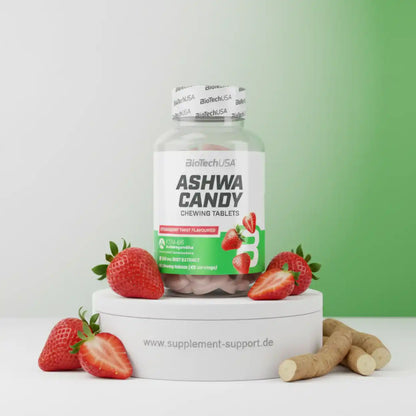 Ashwa Candy Kaugummis von BioTechUSA mit Erdbeergeschmack, Nahrungsergänzungsmittel