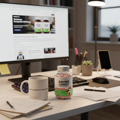 Ashwa Candy Kaugummitabletten von BiotechUSA auf Schreibtisch neben Tasse und Computer
