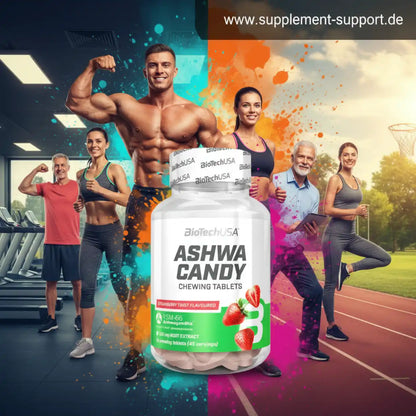 BioTechUSA Ashwa Candy Kaugummitabletten, Erdbeer-Geschmack, für Fitness & Sport, Nahrungsergänzungsmittel