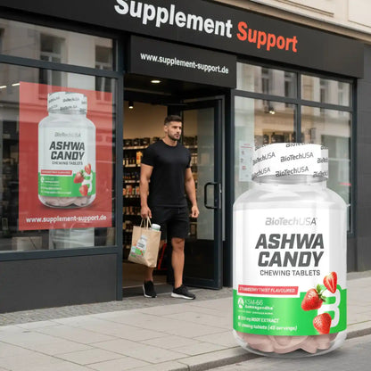 Ashwa Candy Kaugummi von BioTechUSA vor Supplement Support Shop, Erdbeer-Geschmack, Nahrungsergänzung