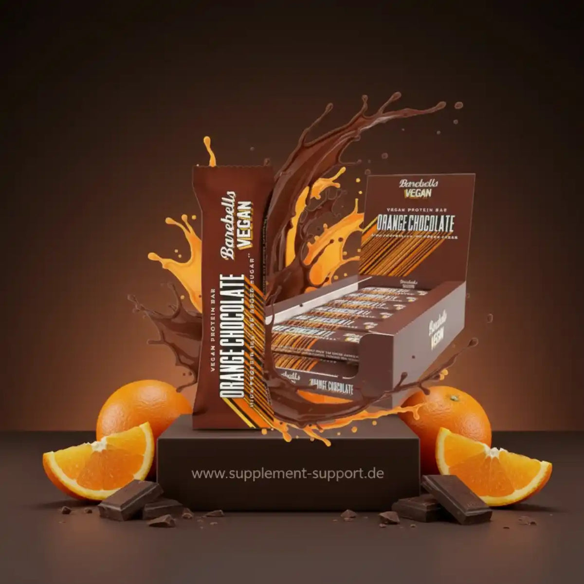 Barebells Vegan Protein Riegel Orange Chocolate mit Orangen und Schokolade
