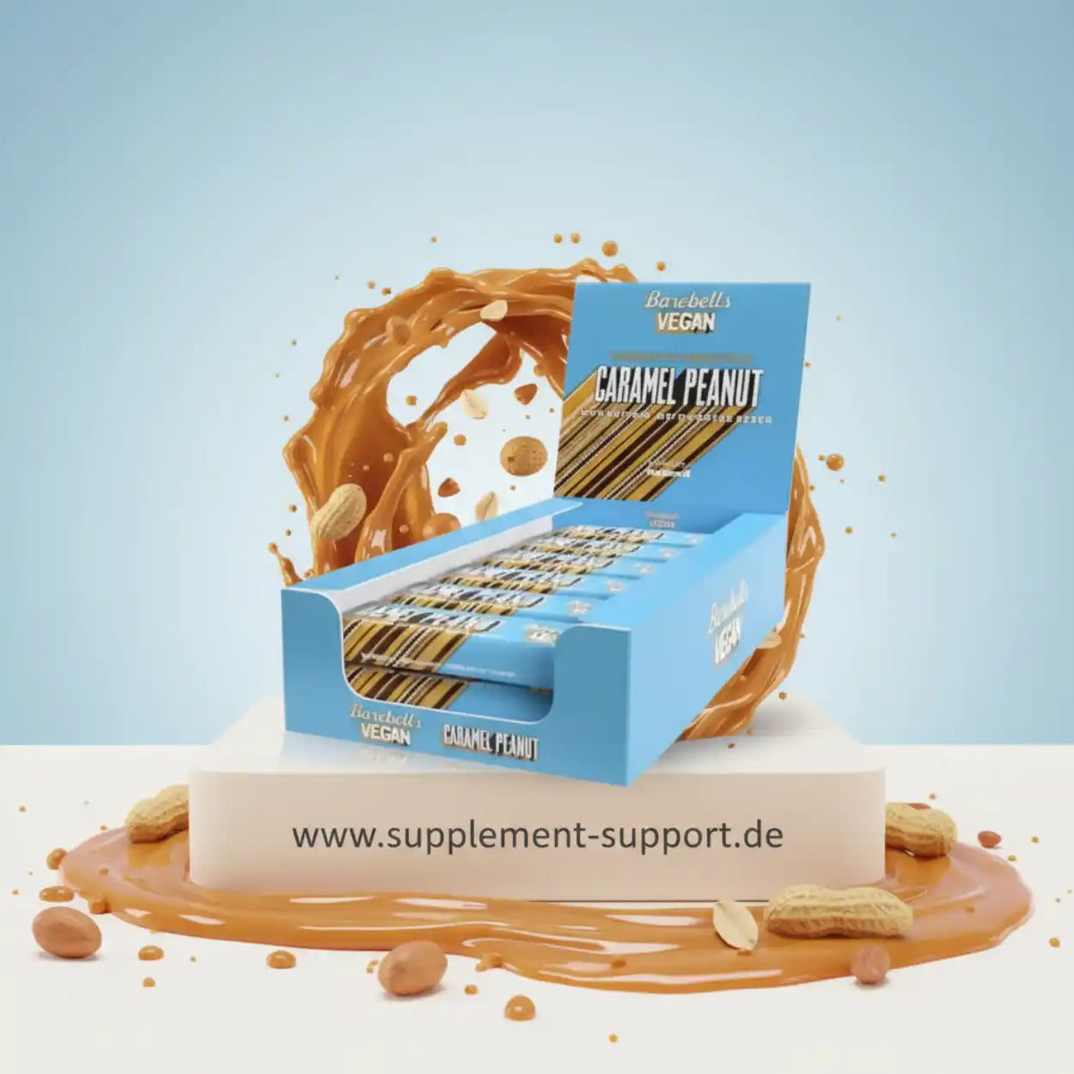 Barebells Vegan Caramel Peanut Proteinriegel-Box mit flüssigem Karamell und Erdnüssen