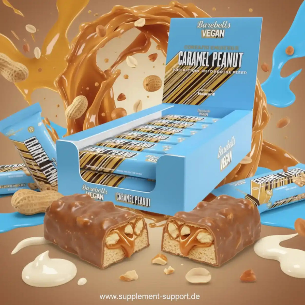 Barebells Vegan Proteinriegel Caramel Peanut in einer blauen Box mit geschmolzenem Karamell.
