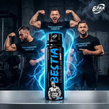 TREC NUTRITION BESTIA Pre Workout Shot 80ml mit muskulösen Männern und blauen Blitzen.