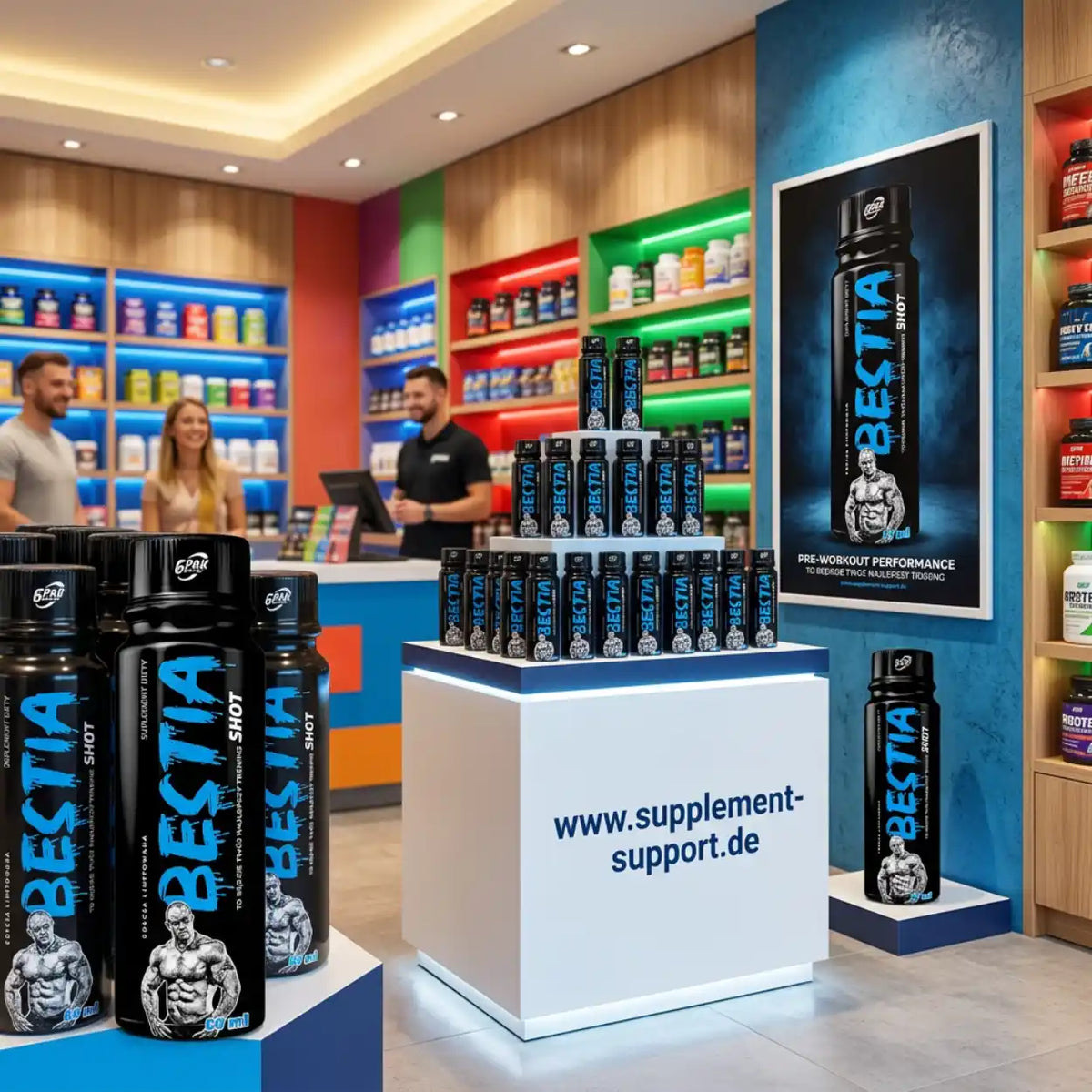 TREC NUTRITION Bestia Pre Workout Shots in einem Supplement-Store Präsentationsdisplay.