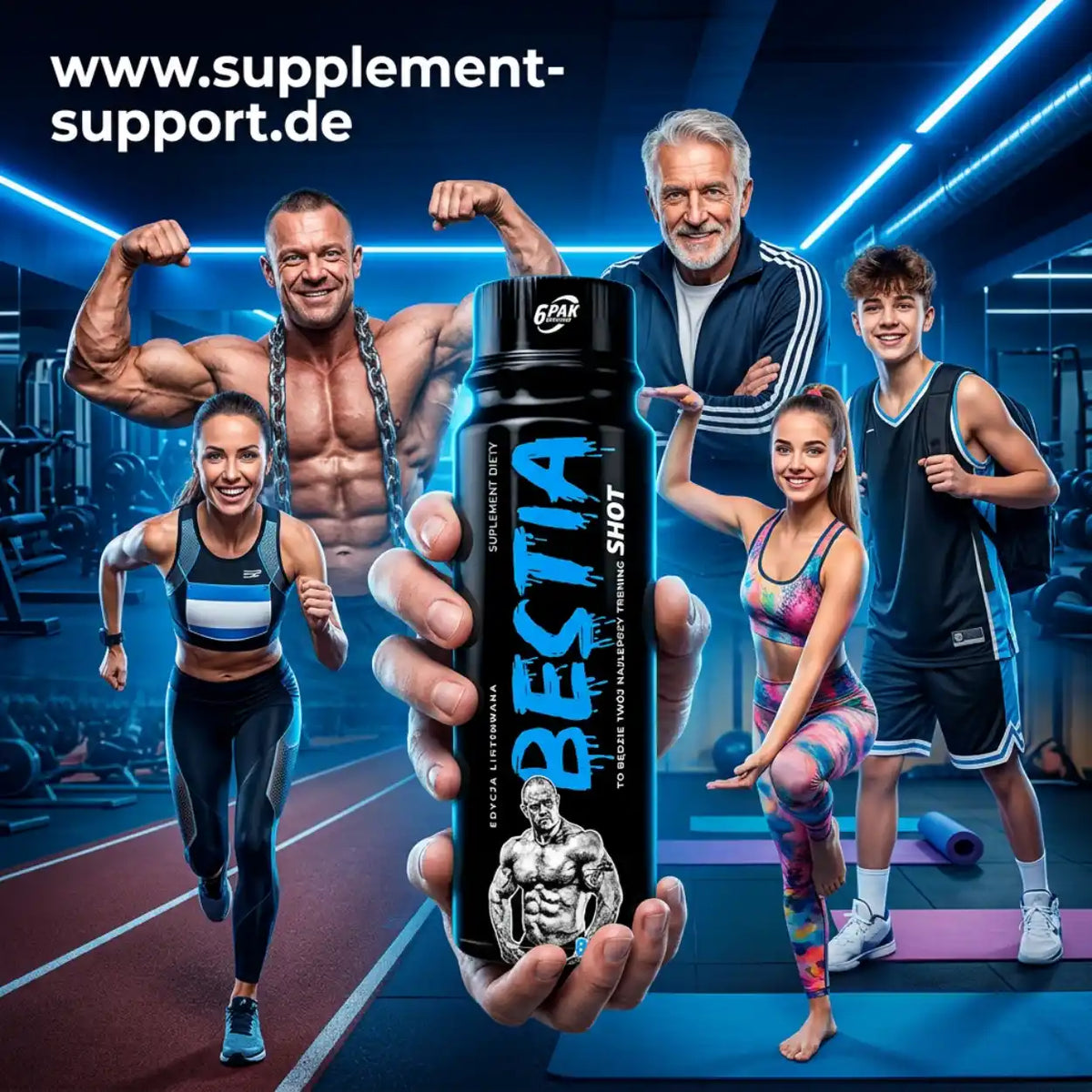 TREC NUTRITION Bestia Pre Workout Shot in einer Hand, umgeben von Sportlern im Fitnessstudio.