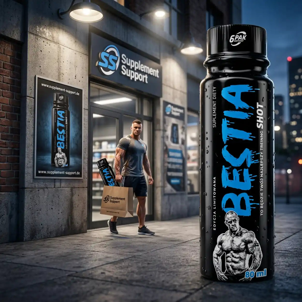 Trec Nutrition BESTIA Pre Workout Shot 80ml vor einem Supplement-Store mit muskulösem Mann.