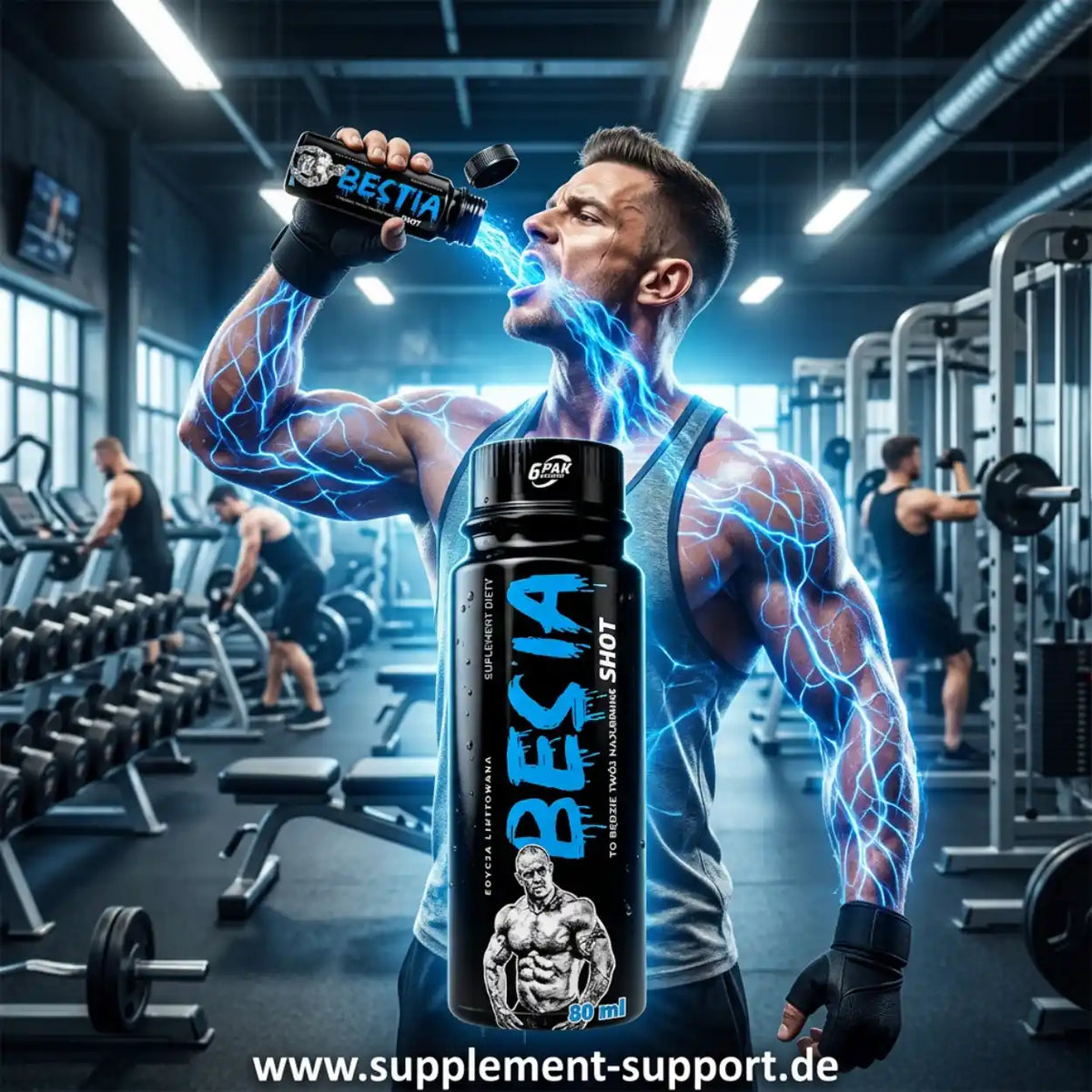 Muskulöser Mann im Fitnessstudio mit TREC NUTRITION BESTIA Pre Workout Shot