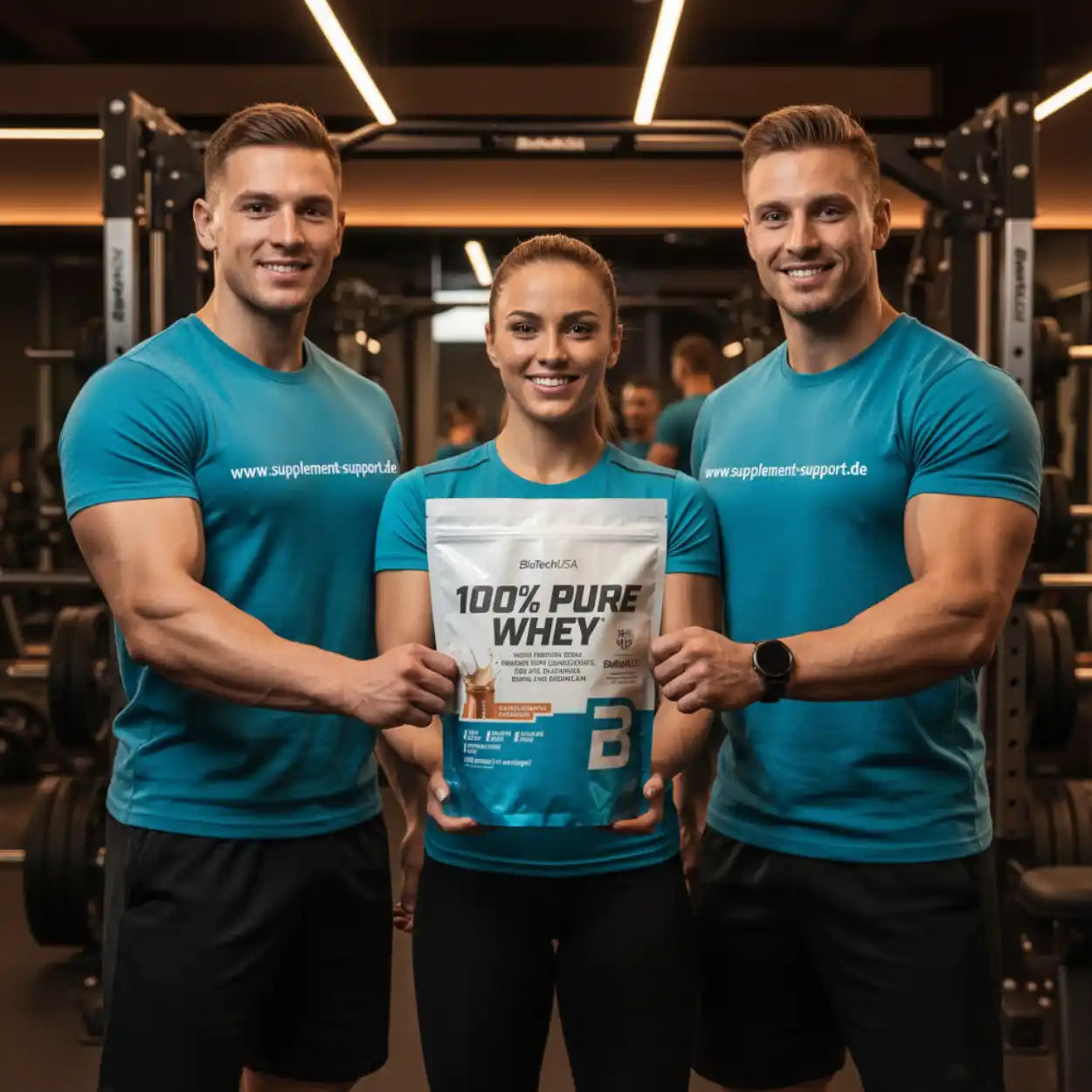 Drei sportliche Personen im Fitnessstudio halten 100% Pure Whey Protein Packung Karamellgeschmack