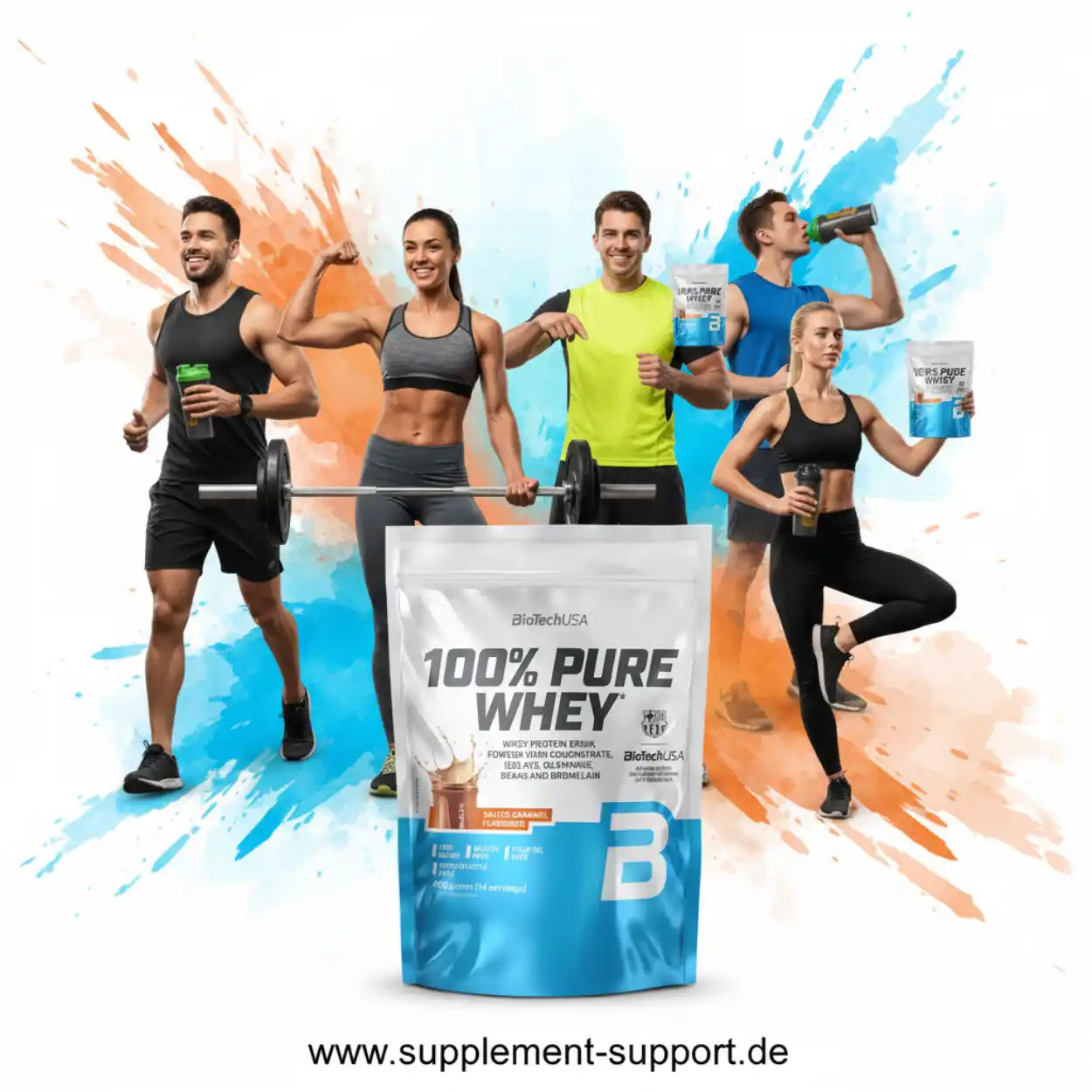 Sportliche Männer und Frauen mit Eiweißshake und 100% Whey Proteinpulver, Fitnessmotiv