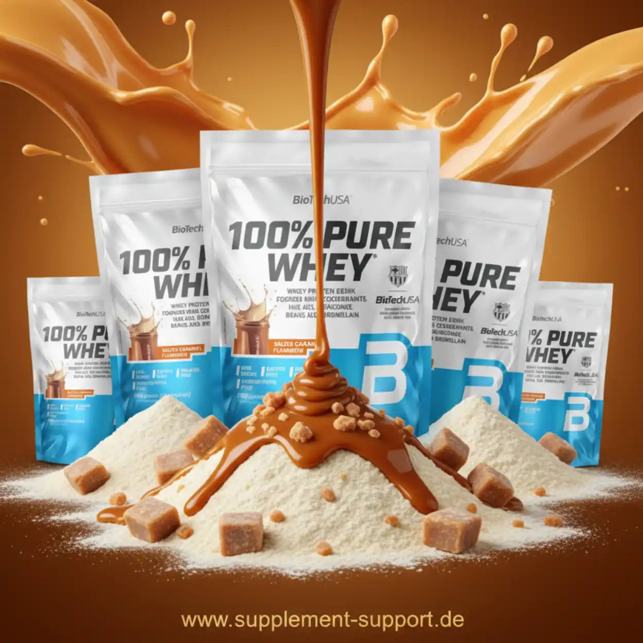 100% Pure Whey Protein Salzkaramell Pulver, Beutel, mit Karamell und Proteinpulver