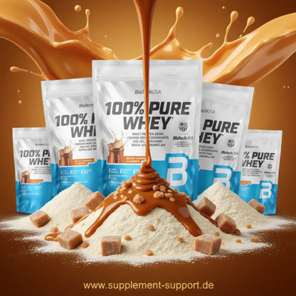 100% Pure Whey Protein Salzkaramell Pulver, Beutel, mit Karamell und Proteinpulver