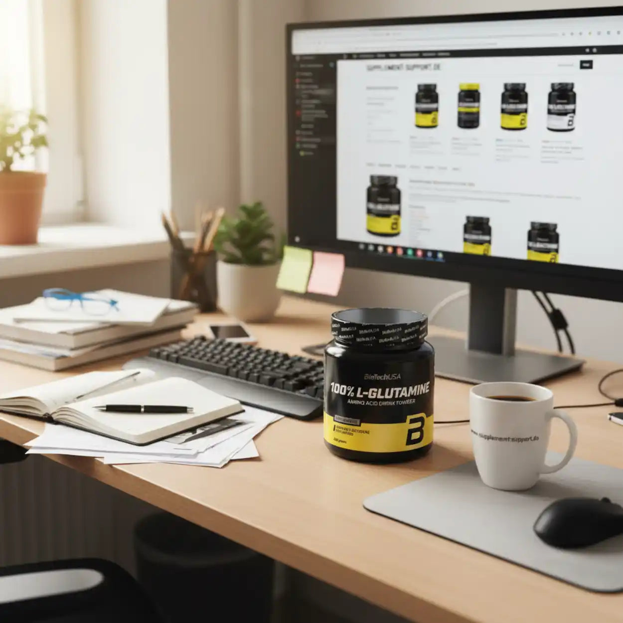 100% L-Glutamin Aminosäure Pulver auf Schreibtisch vor Computer mit Supplement-Site